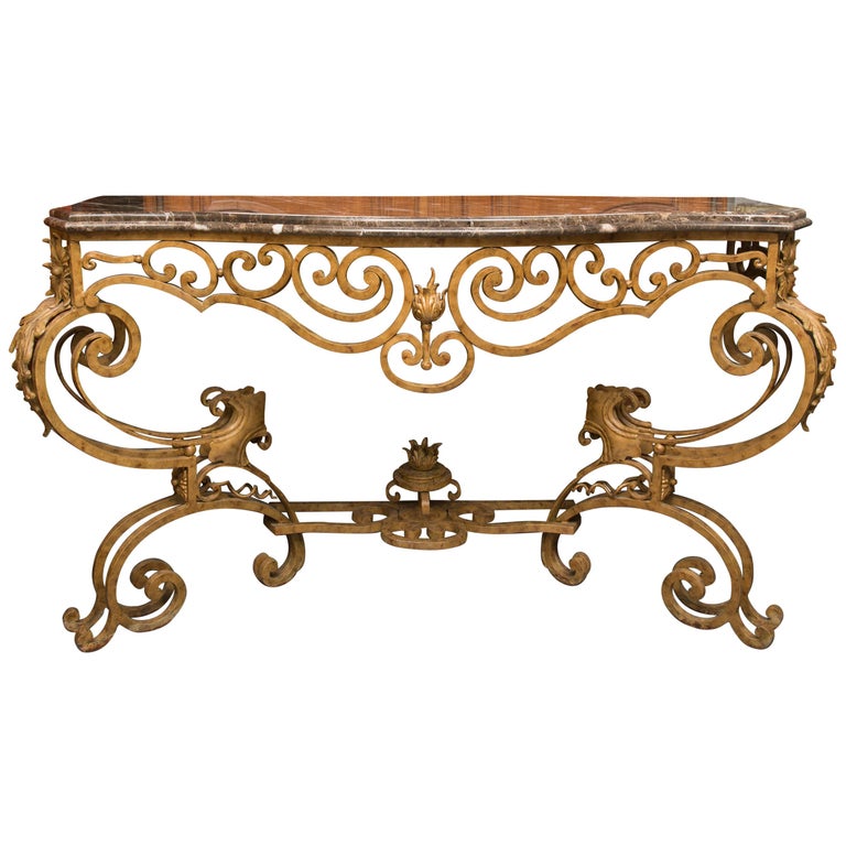 Serpentine Iron Console with Marble Top